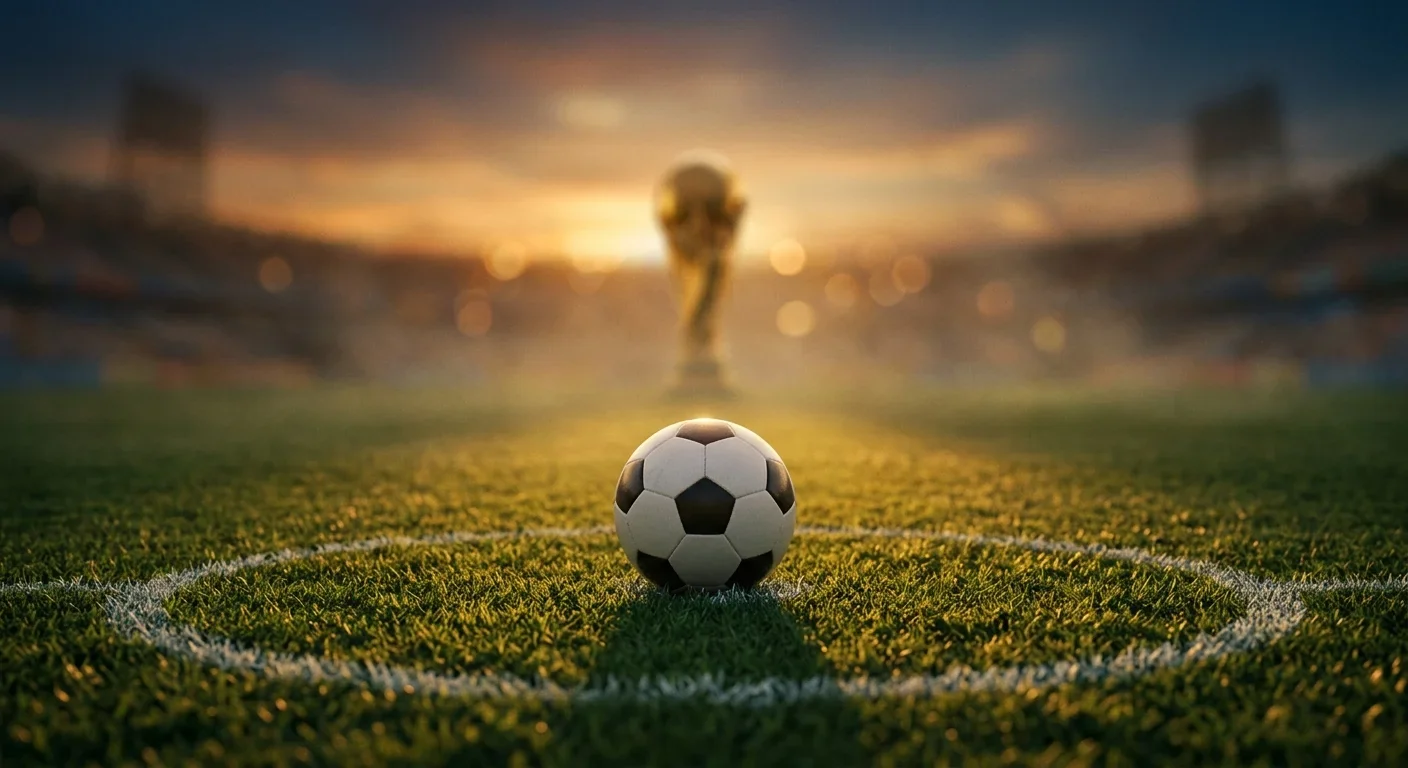 Un pallone su un campo da calcio con la luce del tramonto e una coppa stilizzata in secondo piano