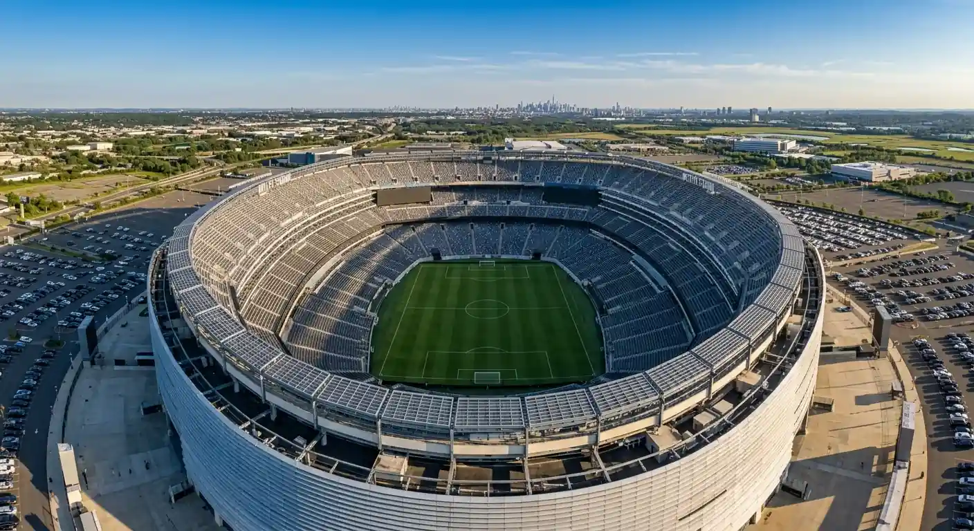 Il MetLife Stadium di East Rutherford visto dall'alto in una giornata serena prima della finale dei Mondiali