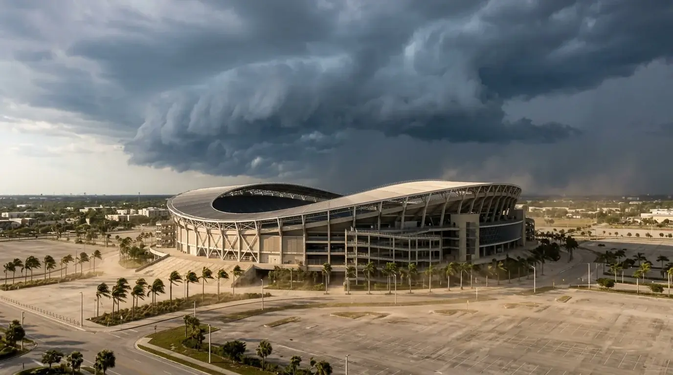 Il cielo sopra uno stadio di Miami con nuvole temporalesche in avvicinamento nel tardo pomeriggio