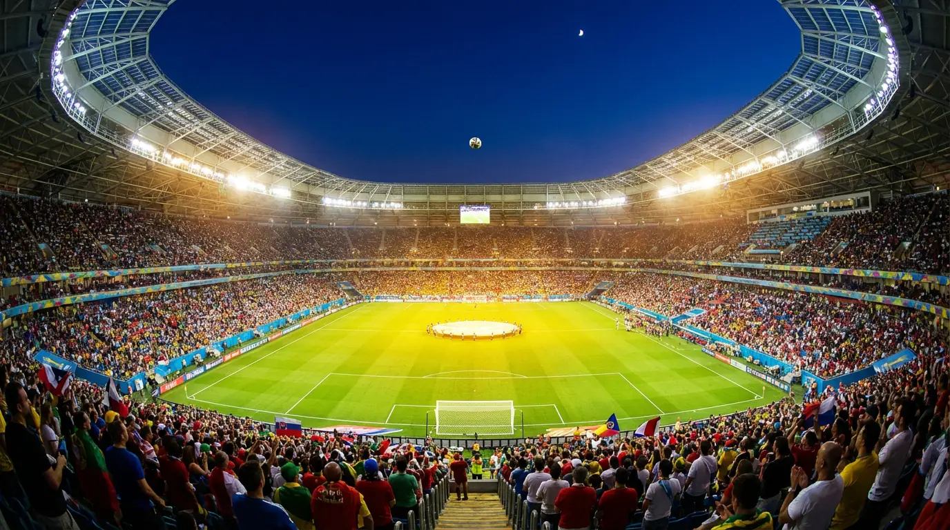 Stadio di calcio illuminato durante una partita notturna dei Mondiali 2026 con tifosi sugli spalti