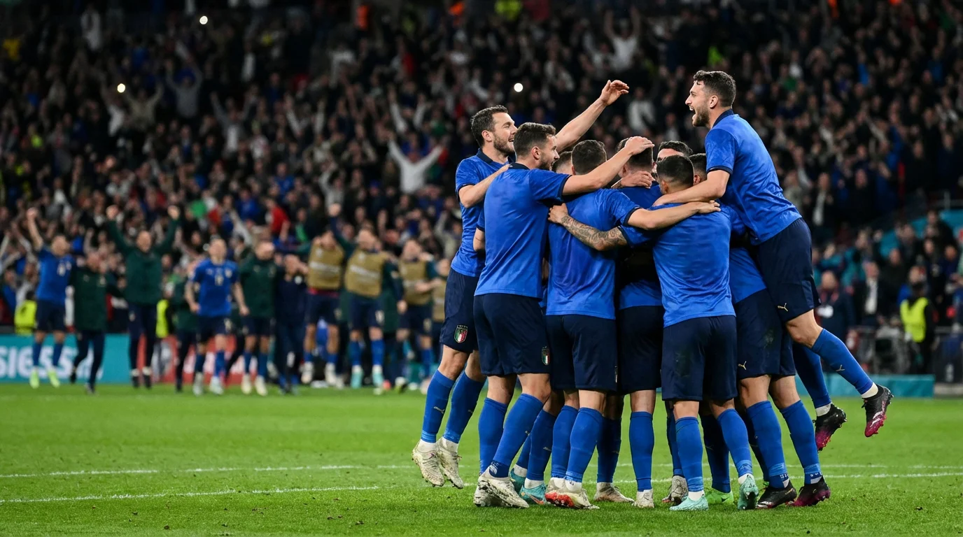 Giocatori della nazionale italiana in maglia azzurra durante una partita di qualificazione ai Mondiali