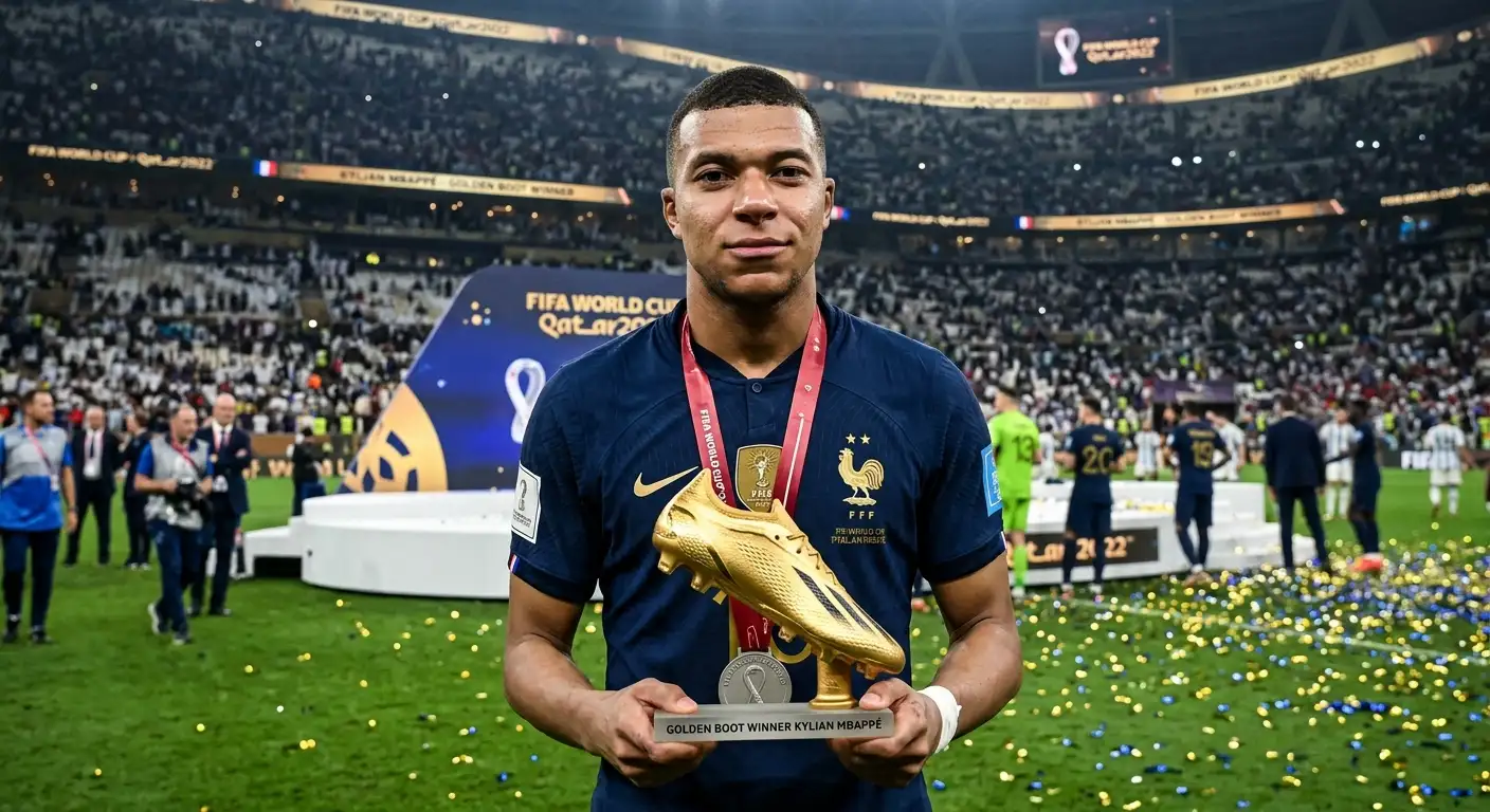 Kylian Mbappé con il trofeo della Scarpa d'Oro FIFA dopo aver segnato 10 gol al Mondiale 2026
