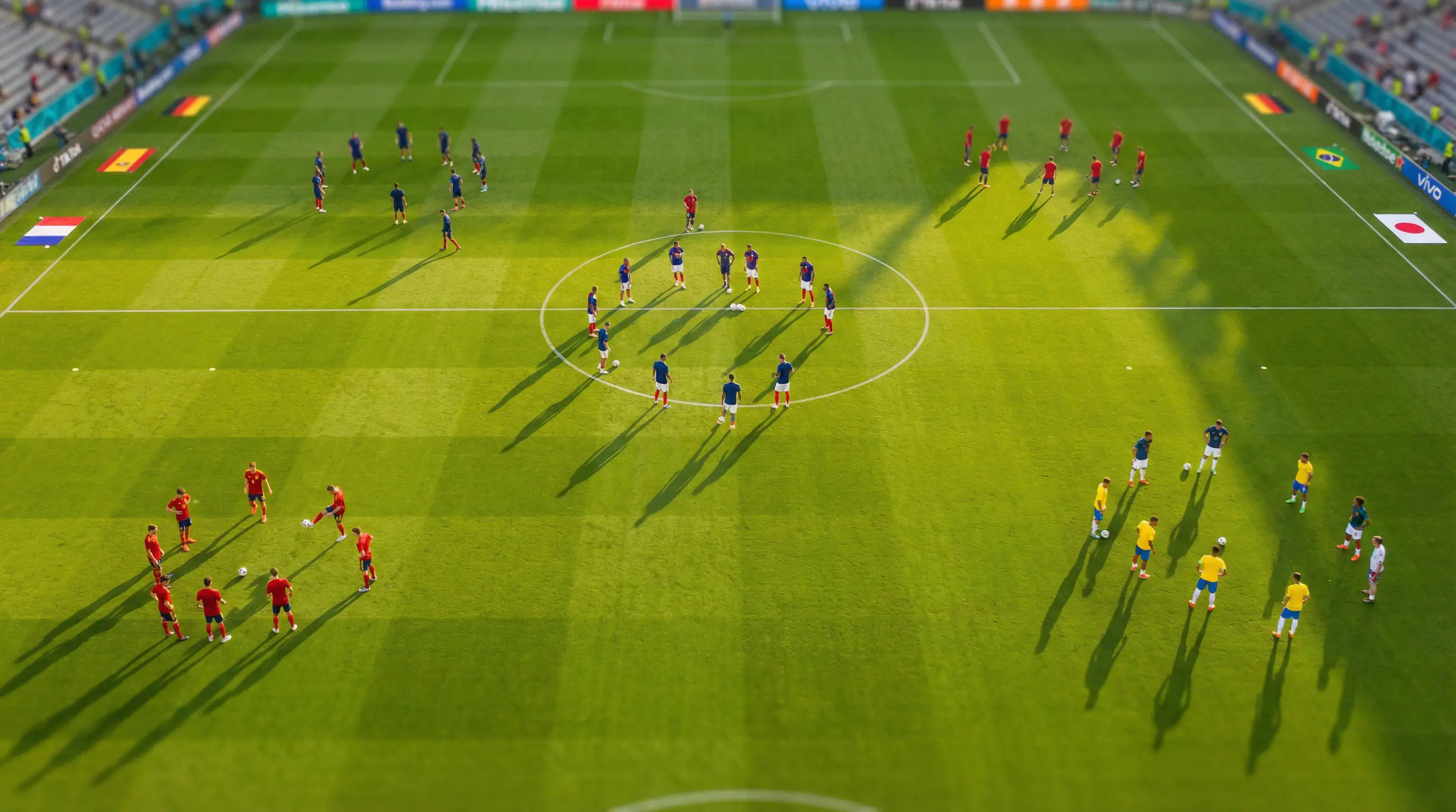 Campo da calcio visto dall'alto durante una partita internazionale con le bandiere delle nazioni partecipanti ai Mondiali