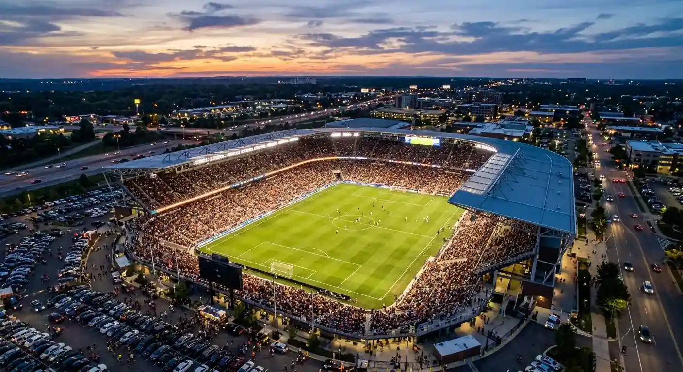 Vista dall'alto di uno stadio illuminato prima del calcio d'inizio di una partita serale
