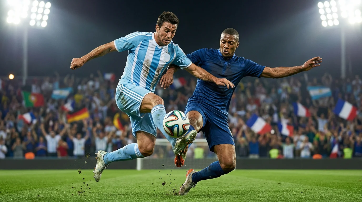 Calciatori di diverse nazionali in azione durante una partita dei Mondiali sotto i riflettori dello stadio