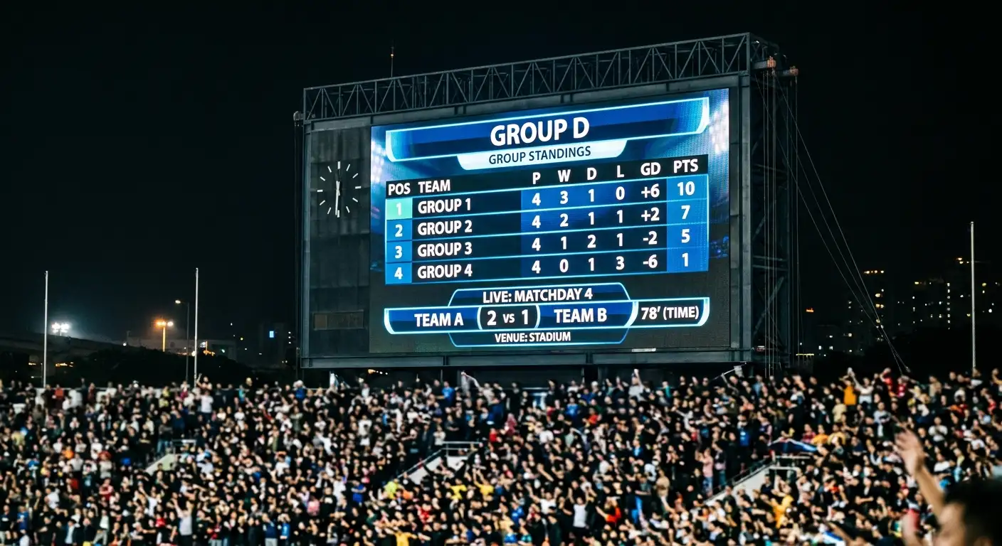 Tabellone di uno stadio con una classifica di girone durante i Mondiali 2026