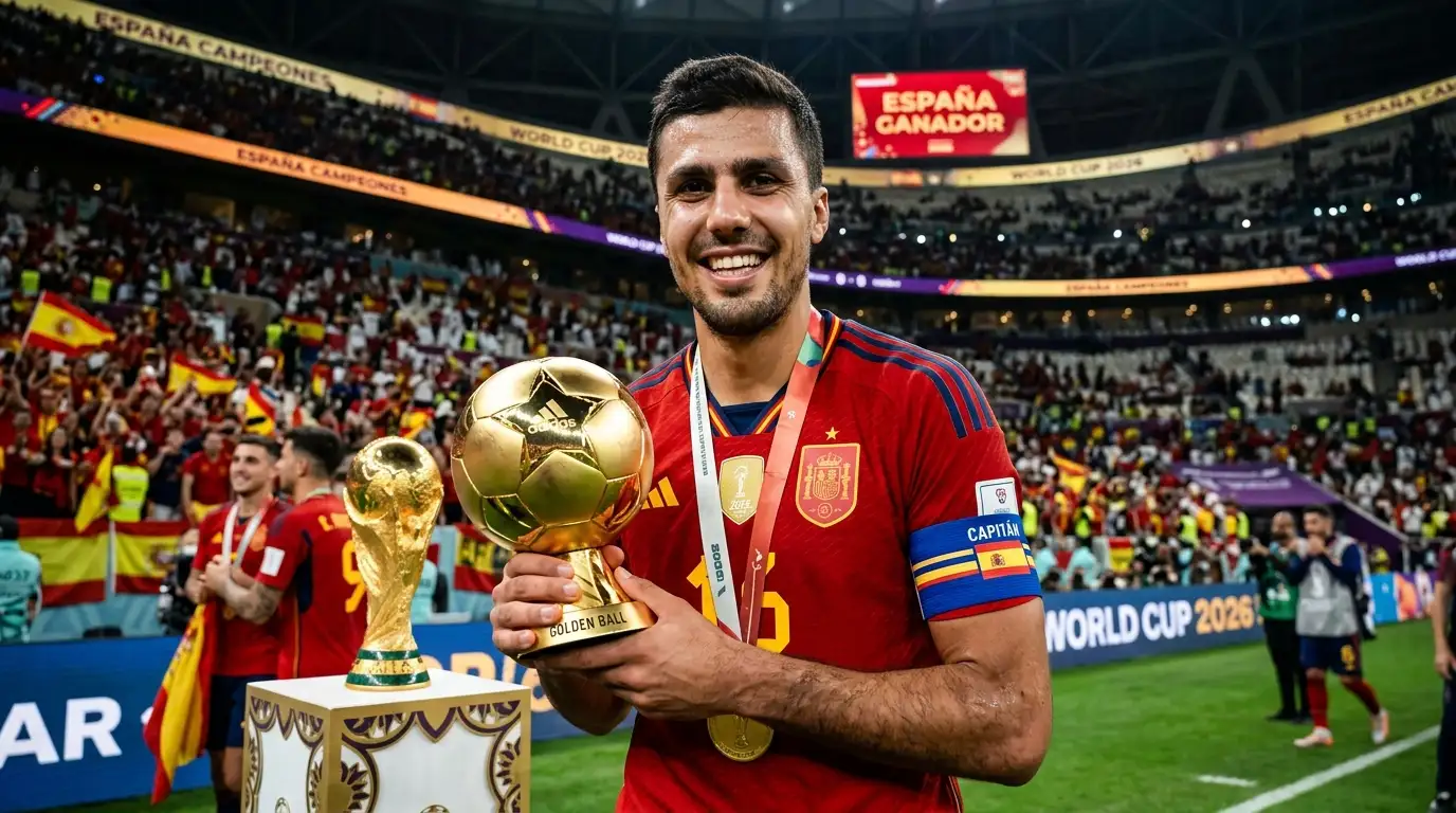 Rodri solleva la Coppa del Mondo dopo aver vinto il Pallone d'Oro della finale