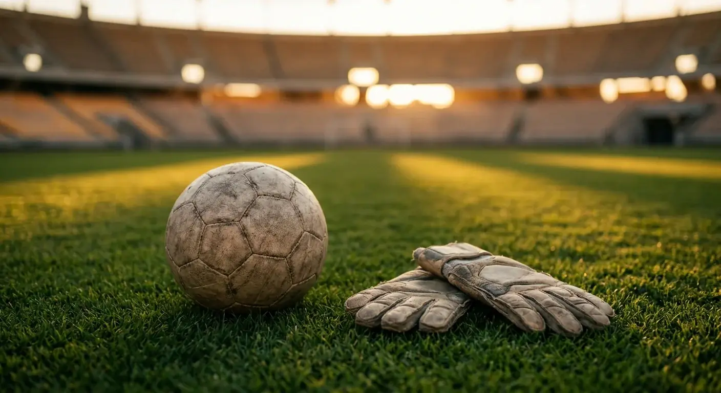 Un pallone e i guantoni di un portiere appoggiati sull'erba di uno stadio vuoto al tramonto, atmosfera nostalgica