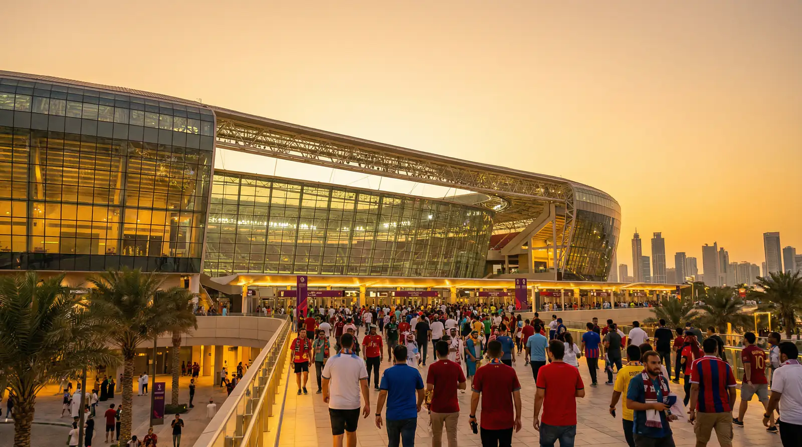 Esterno di un grande stadio moderno americano al tramonto con tifosi che entrano per una partita dei Mondiali 2026